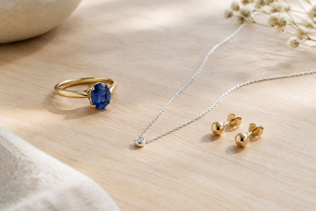 Gouden ring met saffier, zilveren ketting en gouden oorbellen op een houten tafel