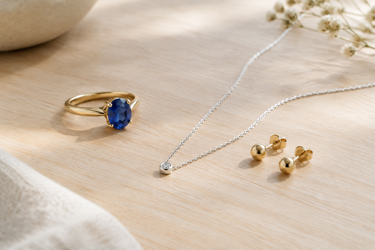 Gouden ring met saffier, zilveren ketting en gouden oorbellen op een houten tafel