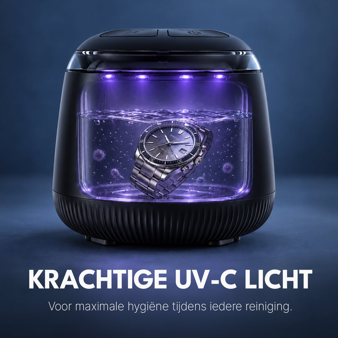 Blissify ultrasoon reiniger 200 ml met paars UV-licht aan en een horloge in de tank