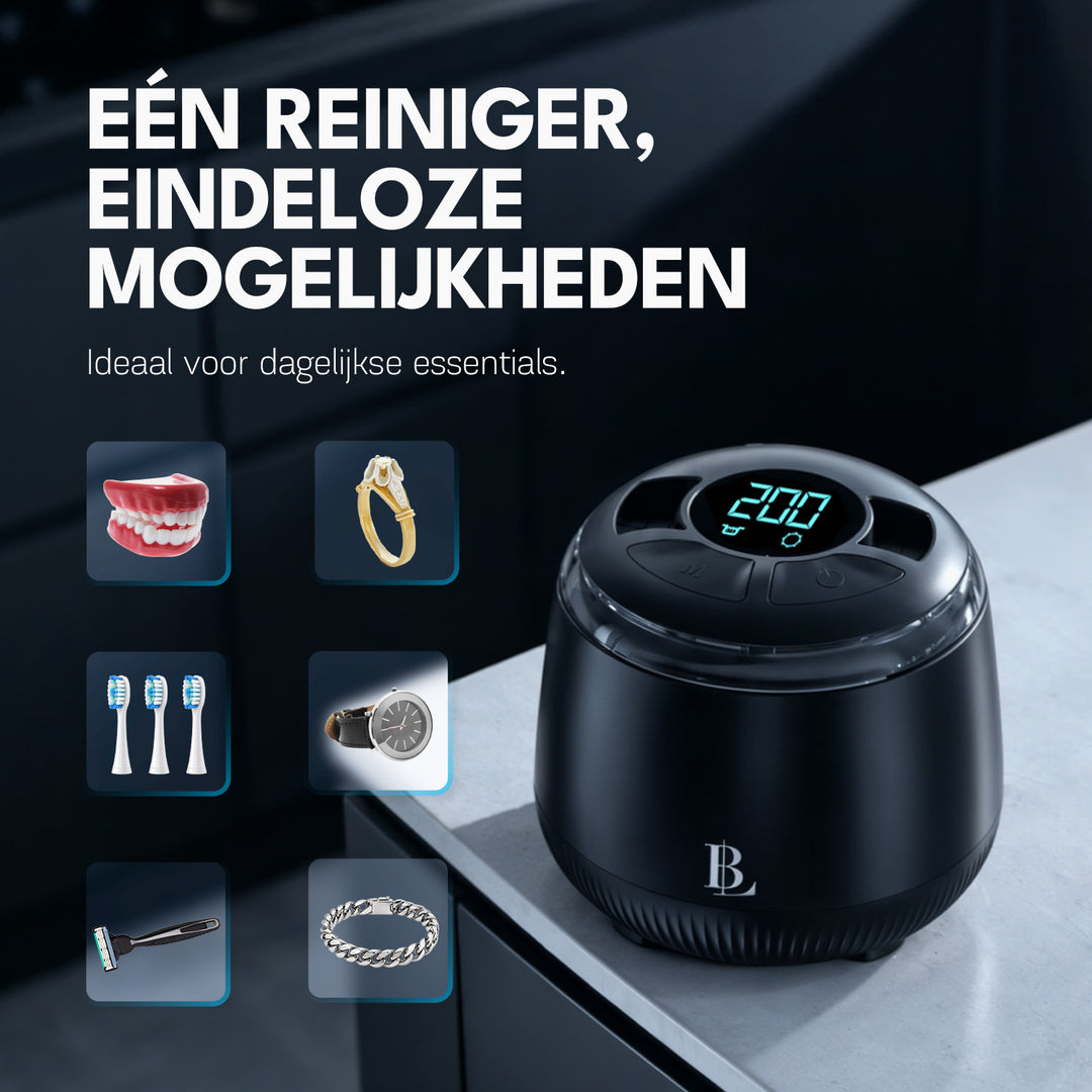 Voorbeelden voor de Blissify 200 ml reiniger: kunstgebit, ring, opzetborstels, horloge, scheermes en armband