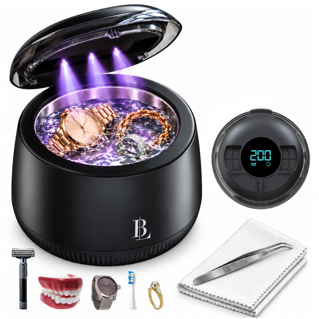 Blissify ultrasoon gebitsreiniger 200 ml met UV-licht, open deksel, met meegeleverde accessoires
